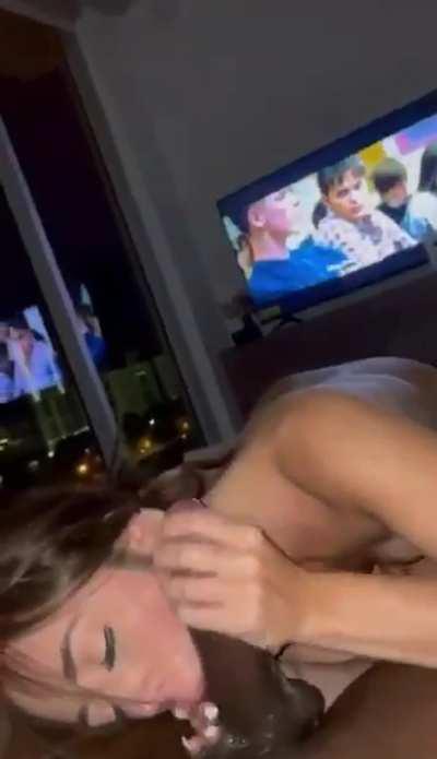 BBC Babe Balls Sucking Big Dick Blowjob Brunette Cock Worship Interracial Porn GIF by burnersub25