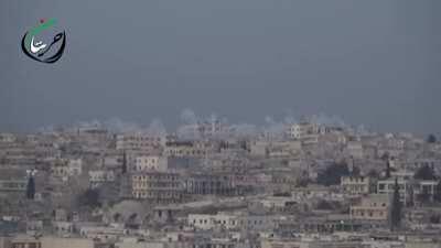 Syrian air strike deposits cluster munitions on rebel occupied neighborhoods outside of Aleppo