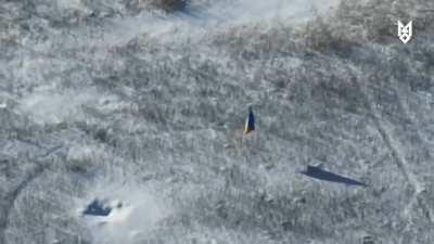 In a symbolic move, the drone of SSO operators places the Ukrainian flag at the site of the destroyed enemy positions in the Zaporizhzhia direction.