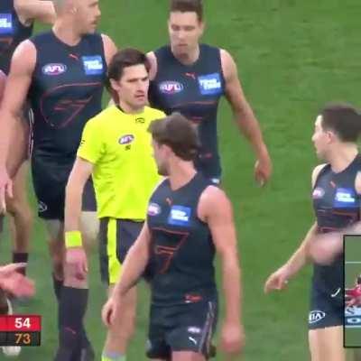 Toby Greene makes deliberate contact with the umpire
