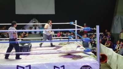 Pro wrestler cracks another wrestler's skull with a cinder block.