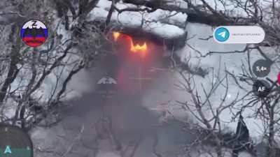 Ukrainian soldiers emerge from a burning trench after an FPV drone strike by “Myron’s Company.” Published January 26, 2026.