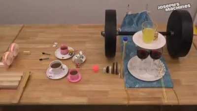 To end a Rube Goldberg machine with pizzazz