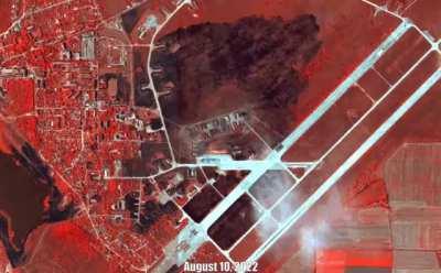 Infrared satellite images of Novofedorivka base before/after.