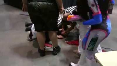 a group of assholes YouTube pranksters gets humbled at the comic con convention after interrupting cosplay championship wrestling also they trespass into the convention without a badge and start breaking all the rules, repost,