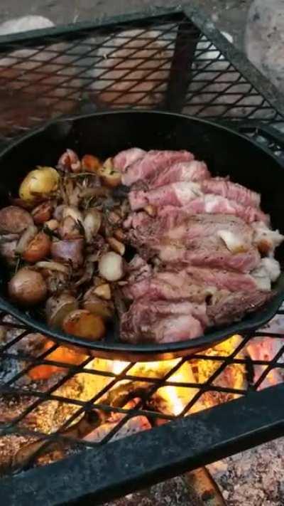 Ribeye steak and potatoes for camp dinner!
