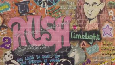 Rush graffiti wall artwork by Paul Halmshaw with Spirit of radio audio