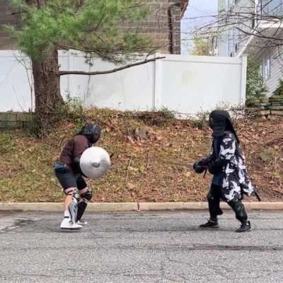 Katana vs Sword and Shield - a back and forth exchange