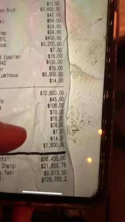 The receipt from a table at a Miami restaurant