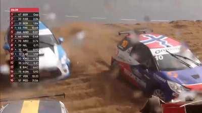 This is what happens when a sudden heavy rain hits the track during a race and the cars are using slick tires.