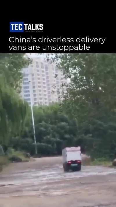 In China, driverless delivery vans have become a total meme. They plow through crumbling roads, fresh concrete, motorcycles, anything.