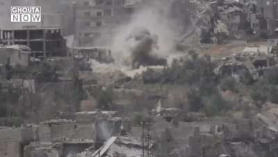 FSA Rahman Corps BGM-71 TOW team hits an SAA T-72 making it crash into a ditch - Eastern Ghouta -2017