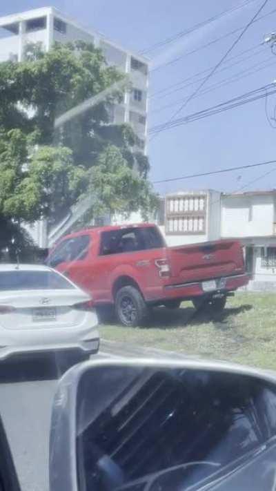 There’s major traffic so she tried to go to the other side. Her truck couldn’t make it up and kept slipping on the grass. Gave up and ended up one car ahead…still stuck in traffic.