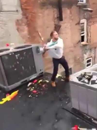 hit the bottles with baseball bat from the roof and karma hurt you