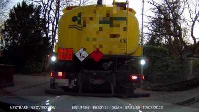 tanker truck misses his turn, backs up into me, then blames me saying I drove into him. Dash cams really pay off