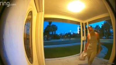Stranger knocks on door and speaks to himself, as the woman inside hides and doesn't interact with him. Husband responds to Ring notification and finds out the man's intentions.