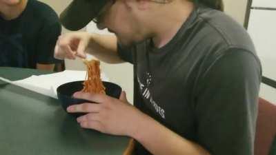 My roommate eating spicy ramen and regretting it. (oc)