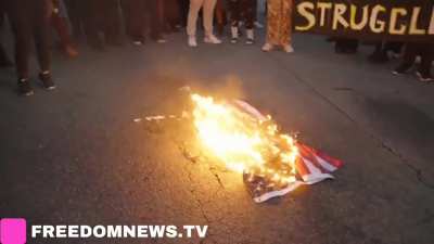 Protestors spit on and burn the American flag in LA
