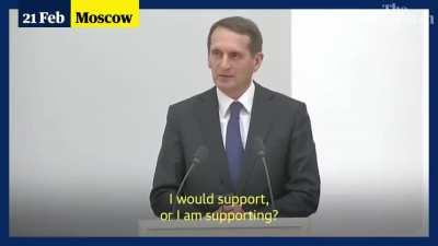 So frightened he looks like he’s about to die. This isn’t some random guy- this is Sergei Naryshkin, head of Russia’s foreign intelligence!