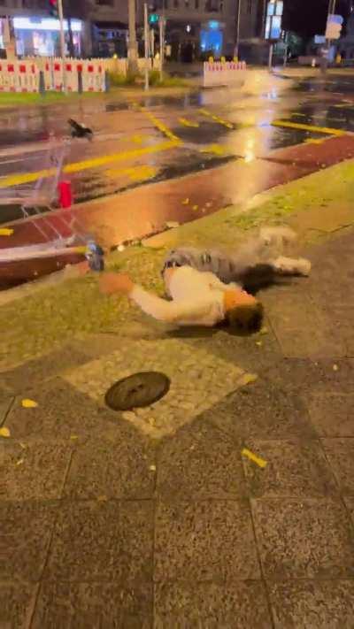 Dude tries to jump the curb.