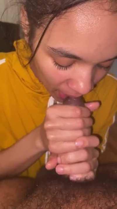 Petite Latina sucking good for cum