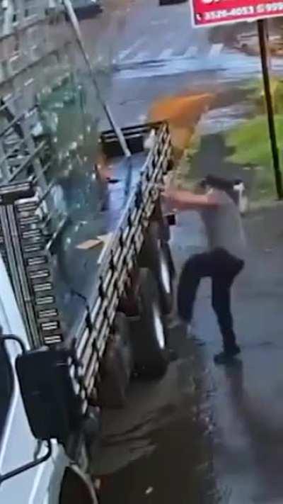 My mans just headed a pane of glass