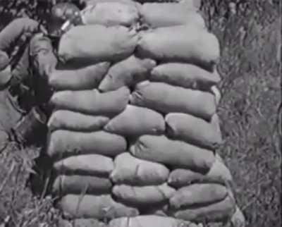 A sandbag of placement is no place for the enemy to hide, Not when he's hiding from the bazooka.