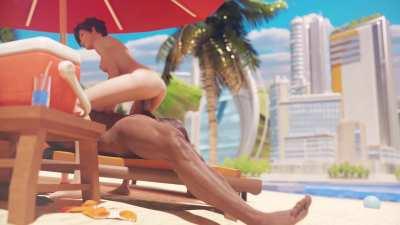 Tracer helping a stranger on the beach