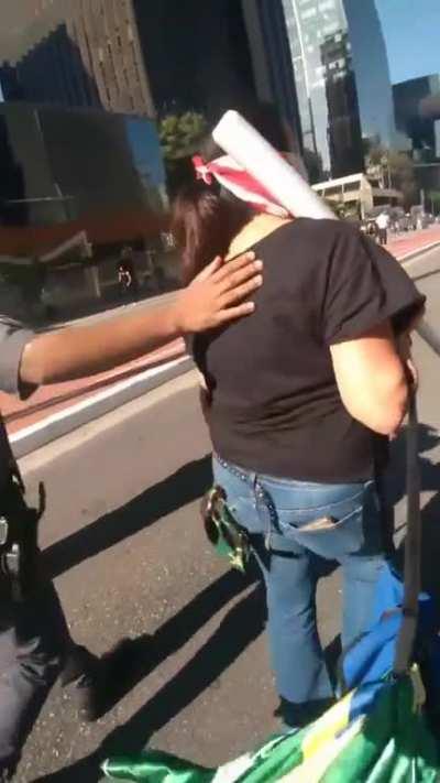 Tiazona bolsonarista com um taco de beisebol no meio do protesto