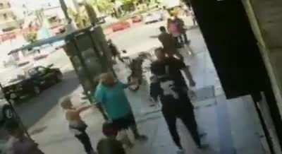 Kid hits an elderly man and gets instant payback.