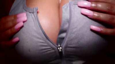 Grey top, spit and cum between tits