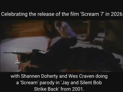 In celebration of the release of the horror film 'Scream 7' in cinemas in 2026, here is a video featuring Shannen Doherty as herself with director Wes Craven in a parody of 'Scream' in the 2001 film 'Jay and the Silent Bob Strike Back'.
