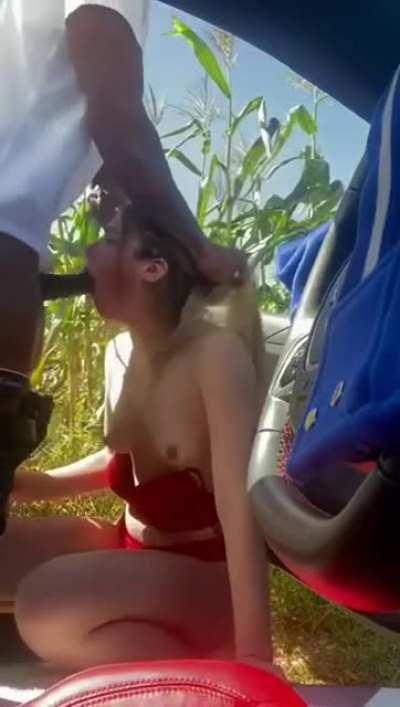 Cute white girl gets throat fucked and takes facial on the side of the road