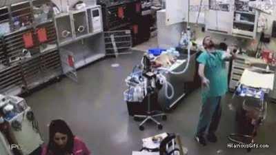 Trying to hit your coworker with your glove