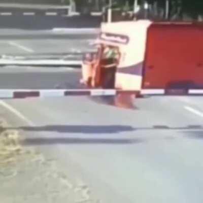 Train wrecks bus in seconds