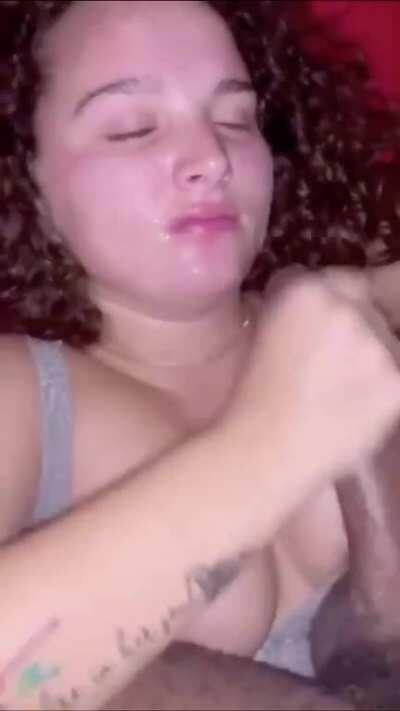 White girl gets Cum all over her face from BBC boyfriend