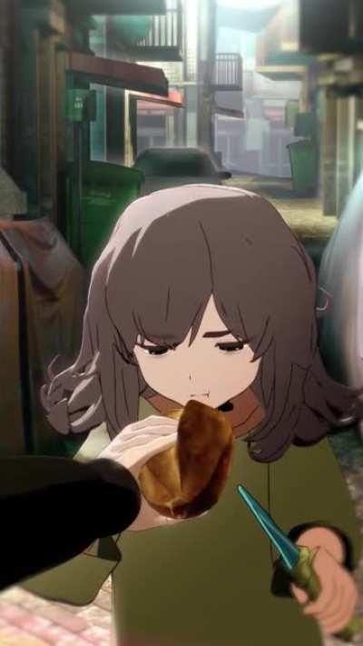 Giving her food and headpats