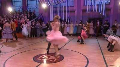 Elle McLemore giving a fun embarrassed reaction in Grease Live!