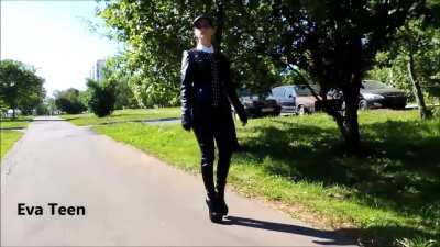 EVA in Black Leather Thigh High Boots (Walking and Sitting in the Park)