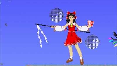I've built a pixel art of Reimu Hakurei (from Touhou project) and also used lot's of wiring to rotate the yin-yang orbs. (done in master mode)
