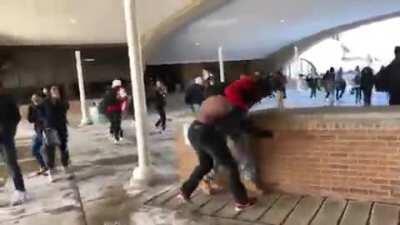 Right through the window (amazing camera work btw)