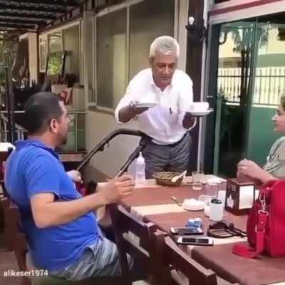 When you notice that he is dangling them with spoons