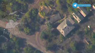 RU POV: Lancet strike on an American M109 Paladin Self-propelled gun in a camouflaged position in the village of Oleksandro-Shultyne. 48.487007, 37.820960.