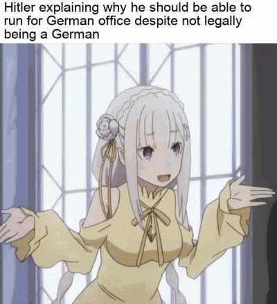 I post fascism memes every day despite not supporting the ideology whatsoever until I either surpass the communism guy in days or karma, day 373: He didn't become a German citizen until after his first failed campaign...