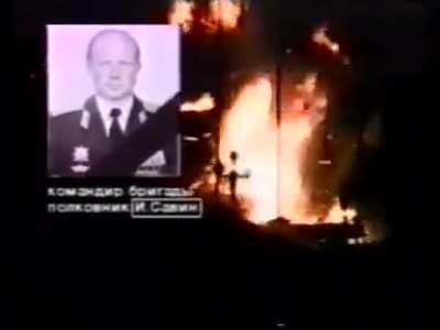 Russian vehicles and chechen buildings burning during the failed new years eve 1994 attack on grozny to the tune of panicing and distraught russian radio comms and 