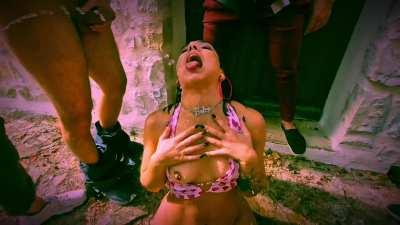 The guys helped her quench her thirst for fuckin piss. They gathered around and sprayed her face with thick stream of fuckin piss