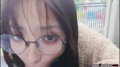 Amateur Japanese Girl With Glasses Deepthroating A Cock In A Park