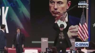 Musk swings around a chainsaw on stage,  symbolizing his rampage through the federal government of cutting jobs and programs