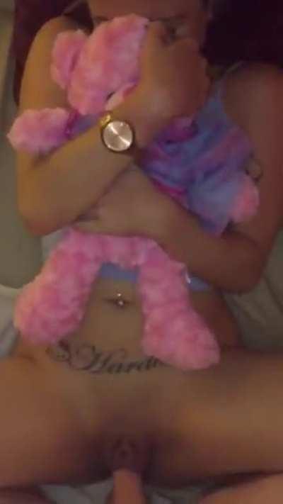 Teen Holding Teddy Bear and Taking Big Cock