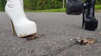 Black and white thigh high boots vs snails